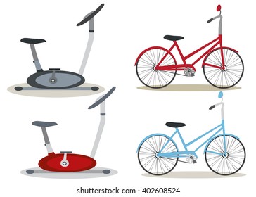 Set of bicycles and exercise bikes. Different colors. Vector. Horizontal location.