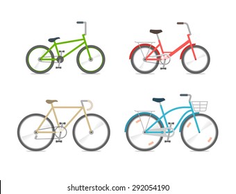 Set Of Bicycles In The Flat Style. BMX, Folding Bike, Road Bike, City Bike