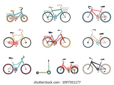 Set of bicycles in a flat style isolated on white background. Bike for man, woman, boy, girl. Bike icon vector. Different bicycles with a basket, travel and touring bicycle, white tires, carbon wheels