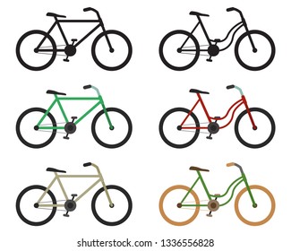 Set of bicycles on a white background. Bicycles with different frames and different colors, including the silhouette of a bicycle. Vector flat illustration.