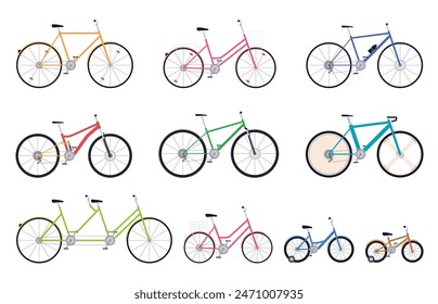 Un juego de bicicletas. Bicicletas de montaña para turistas deportivos. Medios de transporte al aire libre. Un estilo de vida deportivo saludable. Ilustración vectorial