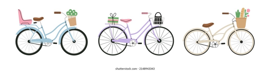 Set with bicycles. Vintage bike with bag and books in a basket, bike with seat for baby, bike with shopper and flowers. City lifestyle concept. For posters, greeting card etc. Cute vector illustration