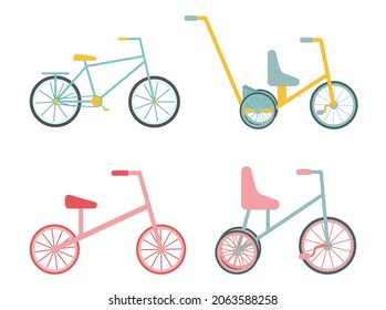 A set of bicycles for the whole family. A bike for children, balance bike, with a handle. Isolated object, element on a white background. Vector illustration in a flat style. Means of transport.
