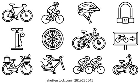 Set of bicycling and cycling vector line icons with transportation, maintenance