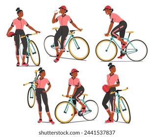 Set of Bicyclist Woman Activities Energetic Cyclist Female Character Pedals her Bike, Holding Bicycle in Hand, Relax and Stand nearby with Helmet, Drinking Water. Cartoon People Vector Illustration