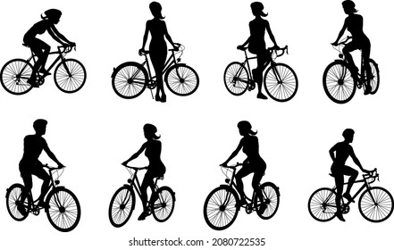 A Set Of Bicyclists Riding Bikes And Wearing A Safety Helmet In Silhouette