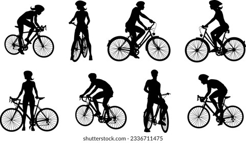 A set of bicyclists riding bikes and wearing a safety helmet in silhouette