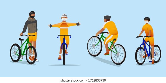  Set of bicyclists wear face masks in various positions isolated vector illustration