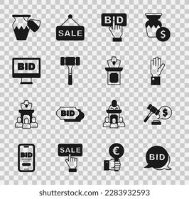 Set Bid, Auction hammer price, Hand holding auction, Online, ancient vase and jewelry sale icon. Vector