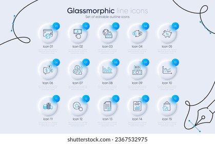 Set of Bid offer, Payment click and Diagram chart line icons for web app. Report document, Loan percent, Upper arrows icons. Loyalty star, Wallet, Banking money signs. Currency exchange. Vector