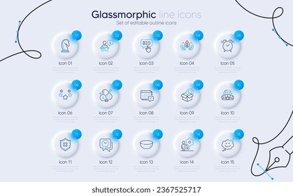 Set of Bid offer, Return package and Vanadium mineral line icons for web app. Organic tested, Reject protection, Podium icons. Sleep, Marketing strategy, Alarm clock signs. Message. Vector