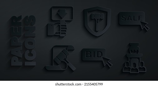 Set Bid, Price tag with Sale, Auction hammer, ancient vase,  and Hand holding auction paddle icon. Vector