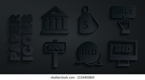 Set Bid, Price tag with Sale, Hand holding auction paddle, Online,  and Museum building icon. Vector