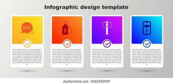 Set Bid, Price tag with Sale, Hand holding auction paddle and Online. Business infographic template. Vector