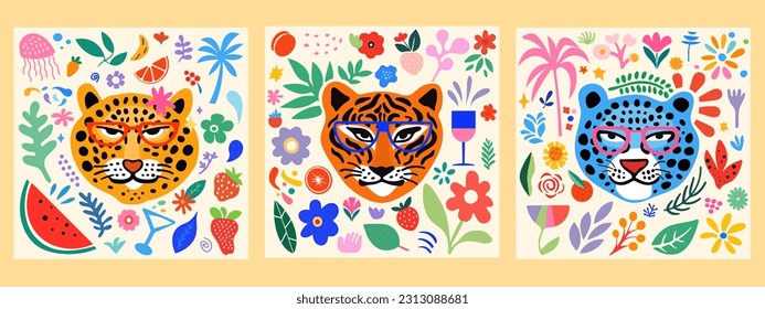 Set of big abstract style cat heads with glasses with various simple elements. Leopard,tiger,leopard minimalistic vector illustration. Concept summer print, postcard.