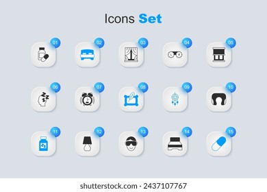 Set Cama grande, Reloj despertador, Pastilla para dormir, Almohada de cuello de viaje, y el icono de almohada. Vector