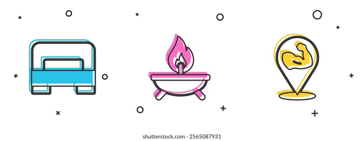 Set Big bed, Aroma candle and Bodybuilder muscle icon. Vector