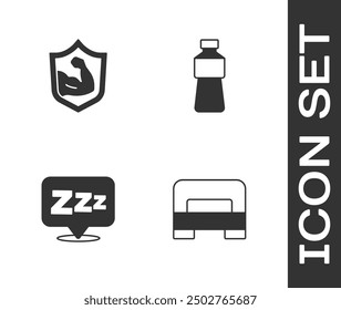 Set Big bed, Bodybuilder muscle, Sleepy and Bottle of water icon. Vector