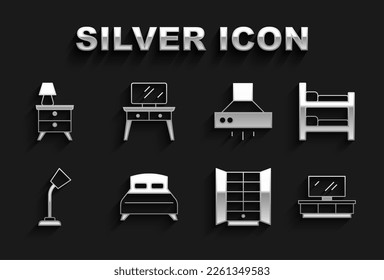 Set Big bed, Bunk, TV table stand, Wardrobe, Table lamp, Kitchen extractor fan, Nightstand with and Dressing icon. Vector