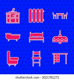 Set Big bed, Chair, Office desk, Chandelier, Armchair, Bathtub, Wooden table with and Washbasin cabinet tap icon. Vector