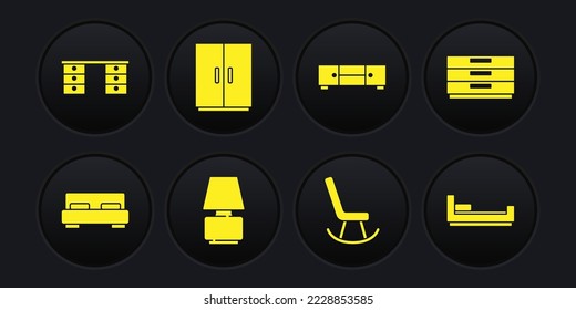 Set Big bed, Chest of cajers, lámpara de mesa, Sillón, Armario, Cama y un icono del escritorio de la oficina. Vector