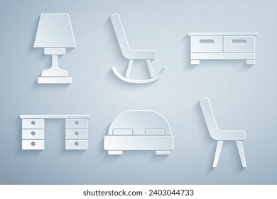 Set Big bed, Chest of drawers, Office desk, Armchair,  and Table lamp icon. Vector