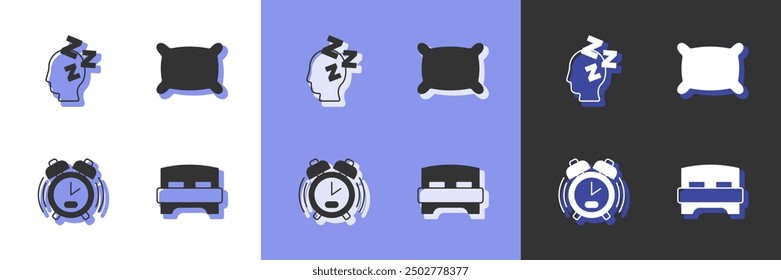 Set Big bed, Dreams, Alarm clock and Pillow icon. Vector