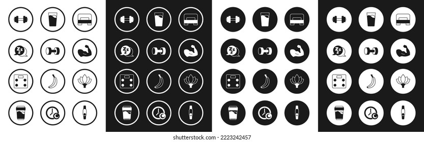 Set Big bed, Dumbbell, Sleepy, Bodybuilder muscle, Glass with water, Lotus flower and Bathroom scales icon. Vector