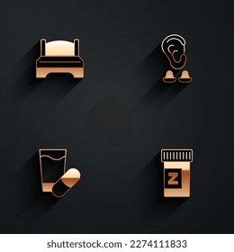 Colocar cama grande, correas y oreja, píldora para dormir e ícono con sombra larga. Vector