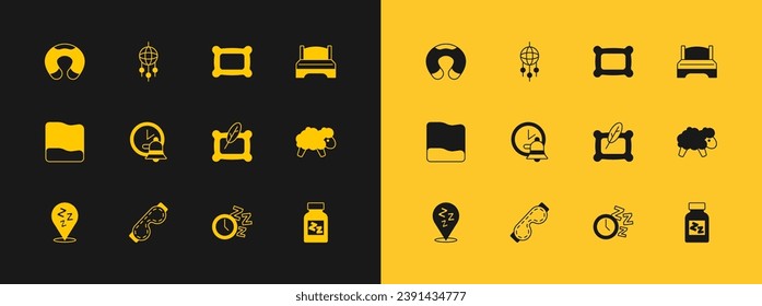 Set Big bed, Eye sleep mask, Pillow, Alarm clock, Travel neck pillow and Dream catcher with feathers icon. Vector