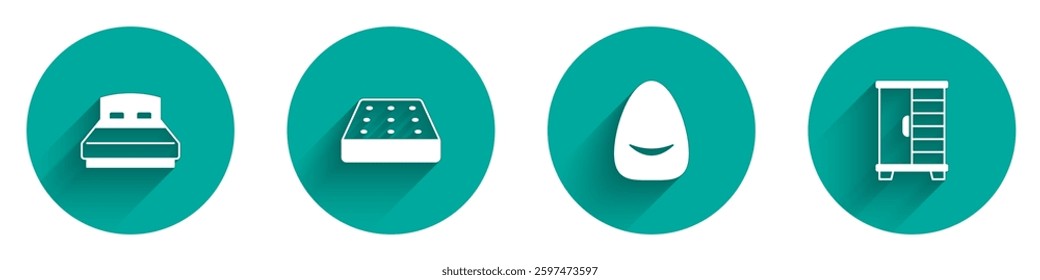 Set Big bed, Mattress, Pouf and Wardrobe icon with long shadow. Vector