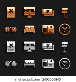 Set Big bed, Road traffic sign, Wi-Fi wireless internet network, Passport with visa stamp, Binoculars, Airline ticket,  and Online hotel booking icon. Vector