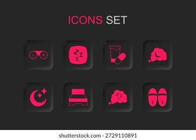 Set Big bed, Sleepy, Contact lens container, Dreams, Slippers, Sleeping pill and Moon and stars icon. Vector