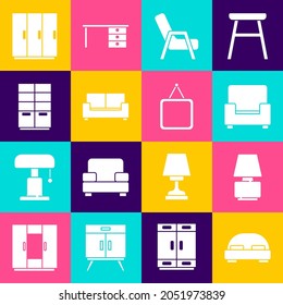 Set Big bed, Table lamp, Armchair, Sofa, Wardrobe,  and Mirror icon. Vector