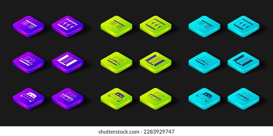 Set Big bed, TV table stand, Wardrobe,  and Office desk icon. Vector