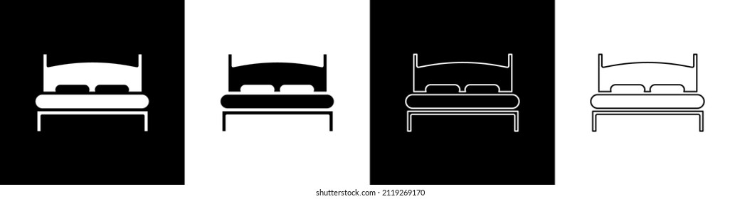 Set Big bed for two or one person icon isolated on black and white background.  Vector Illustration