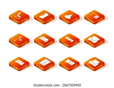 Set Big bed, Wardrobe, Floor lamp, Sofa, Chest drawers, Armchair and  icon. Vector