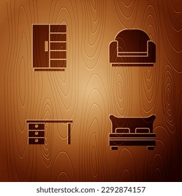Set Big bed, Wardrobe, Office desk and Armchair on wooden background. Vector