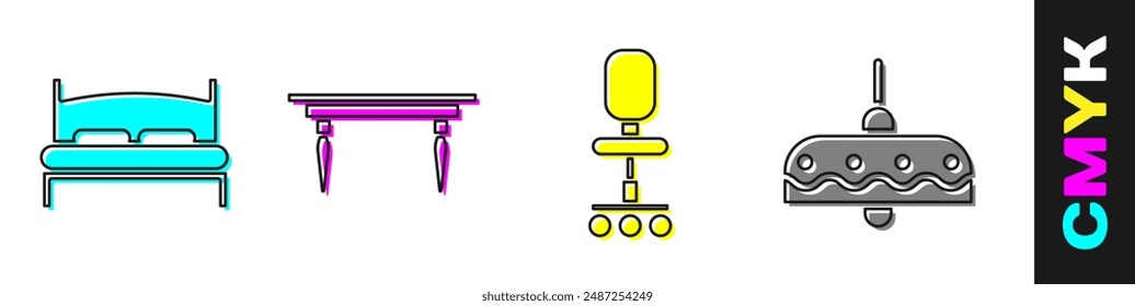 Set Big bed, Wooden table, Office chair and Chandelier icon. Vector