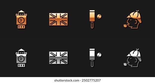 Set Big Ben tower, Flag of Great Britain, Wood cricket bat and ball and Sherlock Holmes icon. Vector