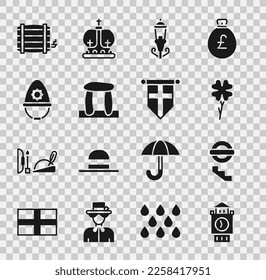 Set Big Ben tower, London underground, Four leaf clover, Vintage street light, Stonehenge, British police helmet, Wooden barrel and England flag pennant icon. Vector