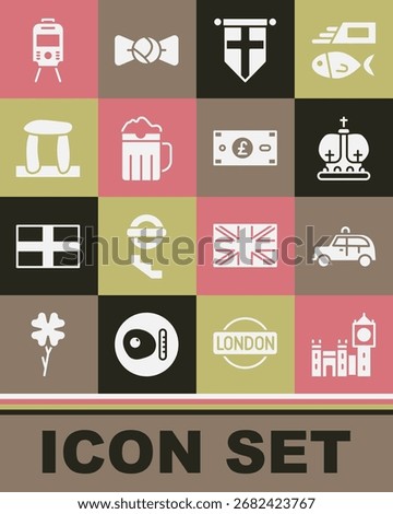 Set Big Ben tower, Taxi car, British crown, England flag on pennant, Wooden beer mug, Stonehenge, Tram railway and Pound sterling money icon. Vector