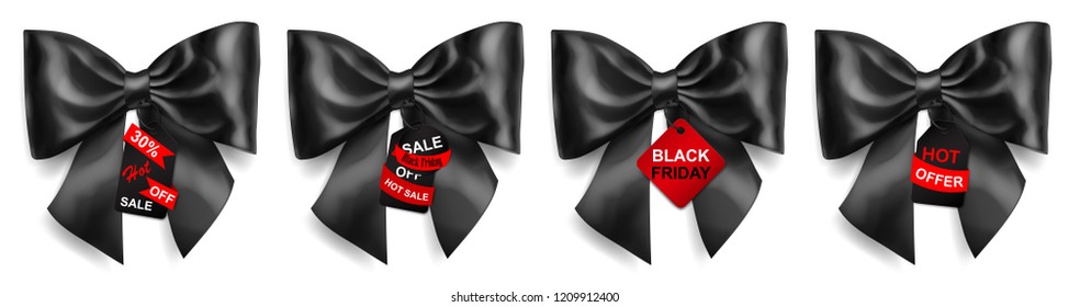 Set of big black bows with shadows and sale labels and tags on white background