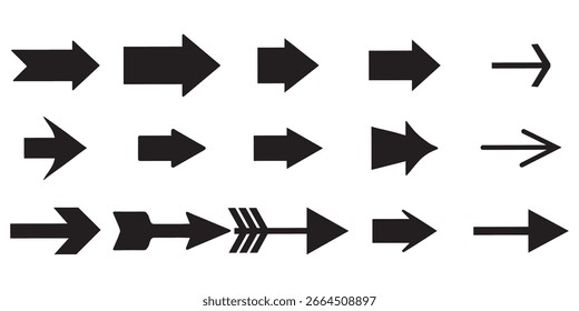 Eine Reihe von großen schwarzen flachen Pfeil Symbole Design. Pfeile ClipArt, Vektorelement-Sammlung. Richtung Pfeil neue kreative Design-Konzepte. Pfeilsymbole, Illustration. 