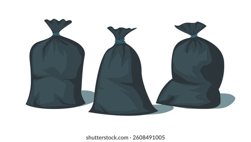 Set of big black plastic bags with wastes, plastic garbage bag