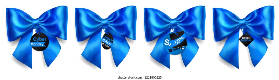 Set of big blue bows with shadows and sale labels and tags on white background