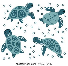 Set of big blue sea turtle cartoon cute animal design ocean tortoise swimming in water flat vector illustration isolated on white background