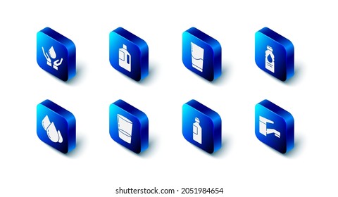 Set Big bottle with clean water, Glass, Bottle of, Water tap, drop and Washing hands soap icon. Vector