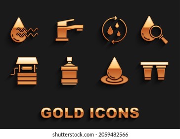 Set Big bottle with clean water, Drop and magnifying glass, Water filter, drop, Well bucket, Recycle aqua,  and tap icon. Vector