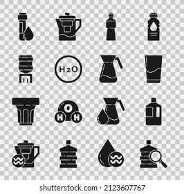 Set Big Bottle With Clean Water, Glass, Bottle Of, Chemical Formula For H2O, Water Cooler, Test Tube Drop And Jug Glass Icon. Vector